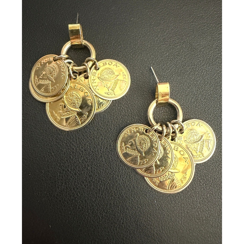 Vintage Coin Earrings Balboa Dangle Gold Tone